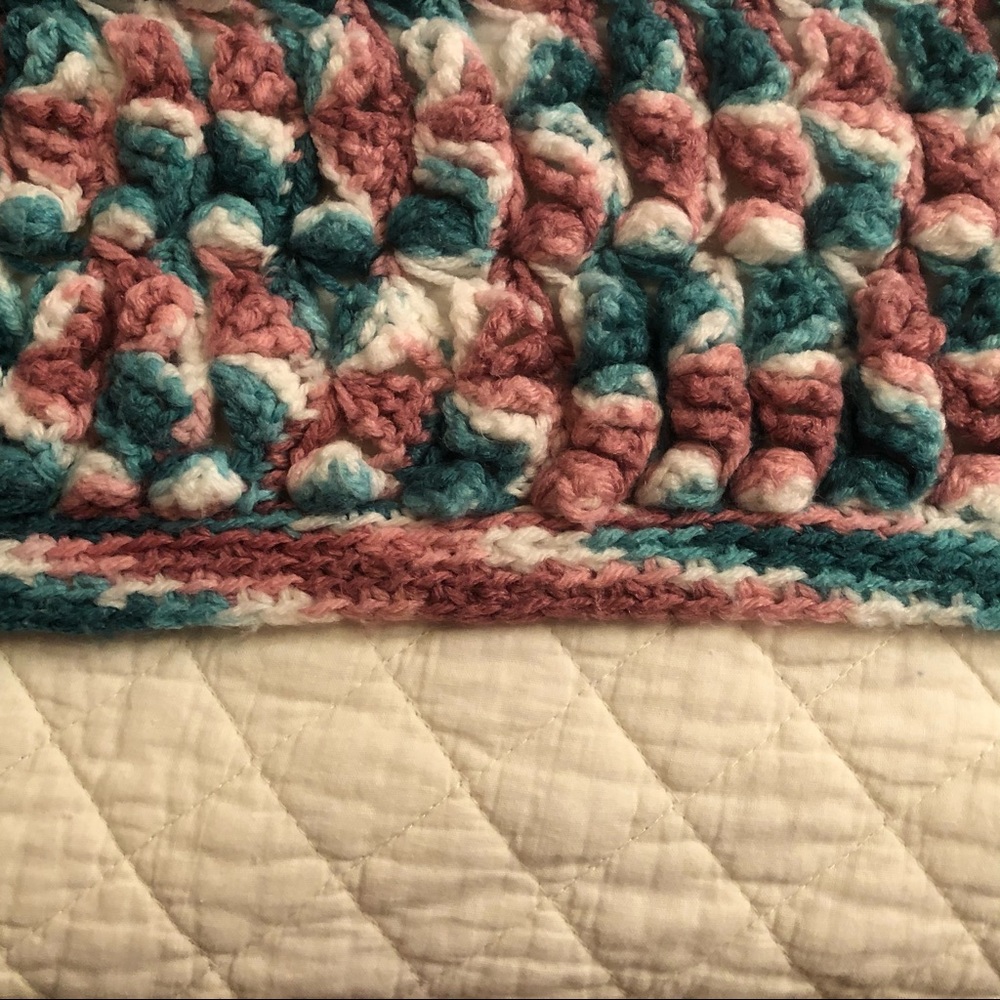 Handmade Crocheted Teal and Pink Blanket - Picture 4 of 7